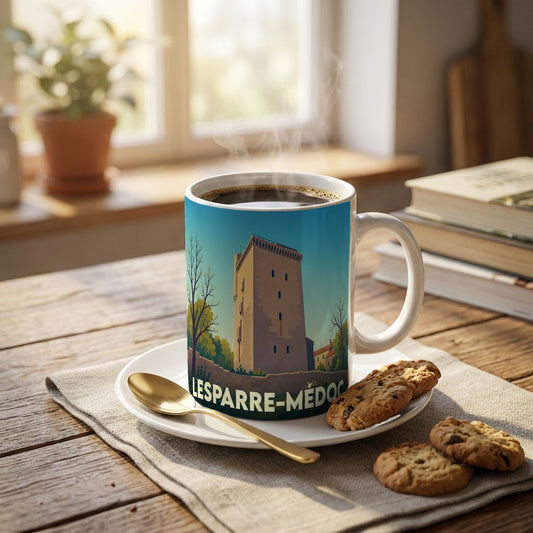 Mug souvenir de la ville de Lesparre-Médoc avec une illustration stylisée de la Tour de l'Honneur.