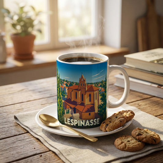 Mug souvenir de la ville de Lespinasse orné d'une illustration stylisée de son église.
