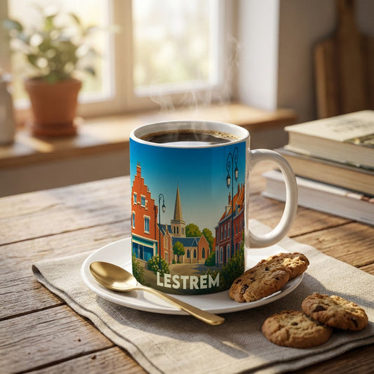 Mug souvenir de la ville de Lestrem avec une illustration stylisée et colorée du centre-ville.