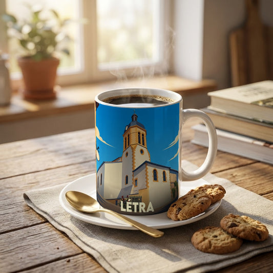 Mug souvenir de la ville de Létra avec une illustration stylisée de son église.