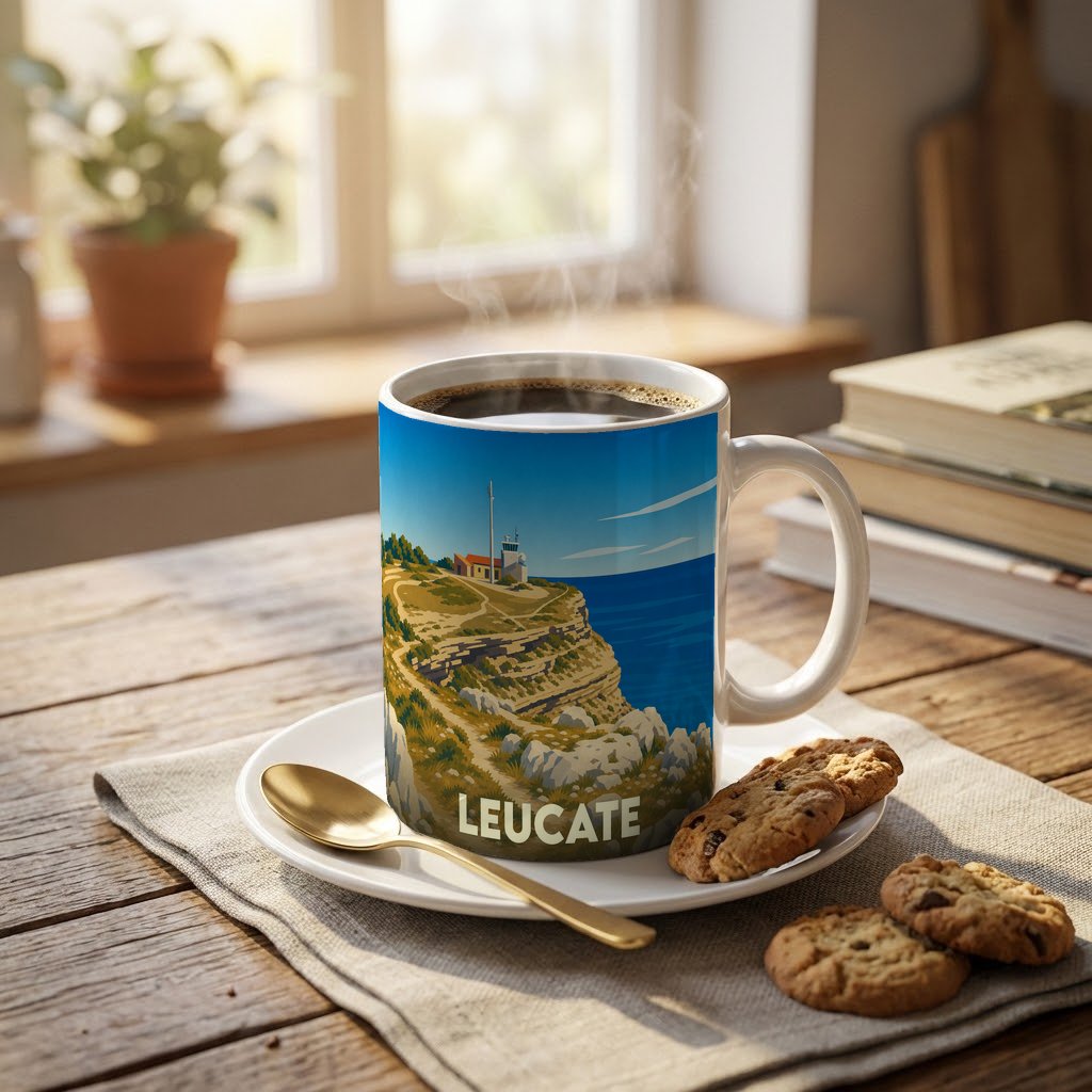 Mug souvenir de la ville de Leucate orné d'une illustration stylisée de son phare et de ses falaises.