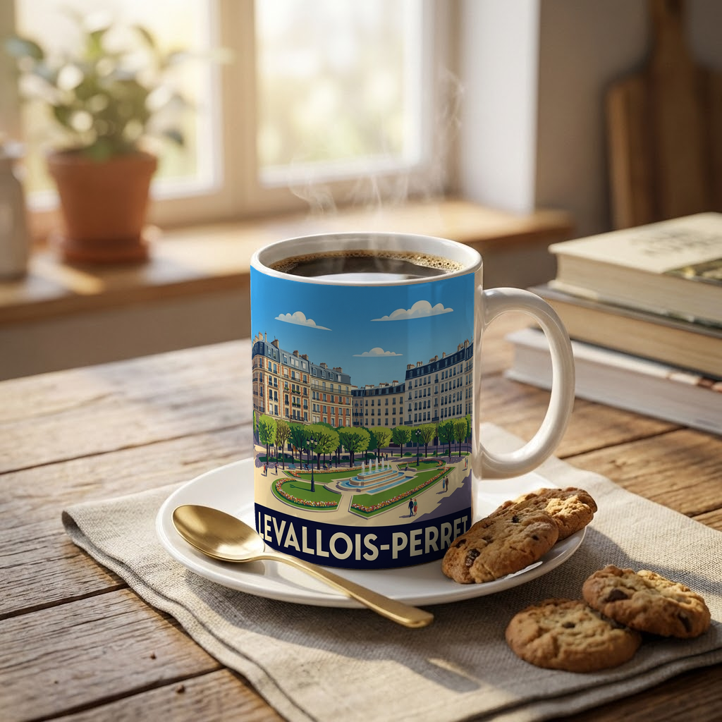Mug souvenir de la ville de Levallois-Perret avec une illustration stylisée d'un parc urbain.