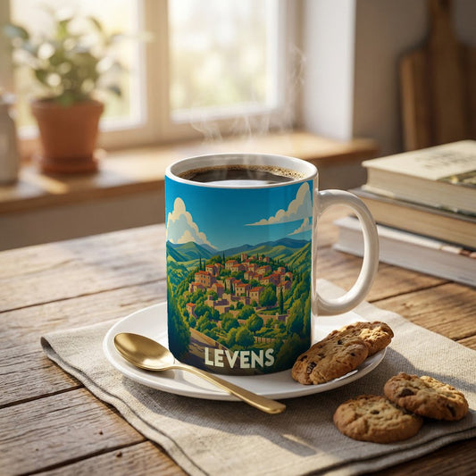 Mug souvenir de la ville de Levens orné d'une illustration stylisée de son paysage vallonné.