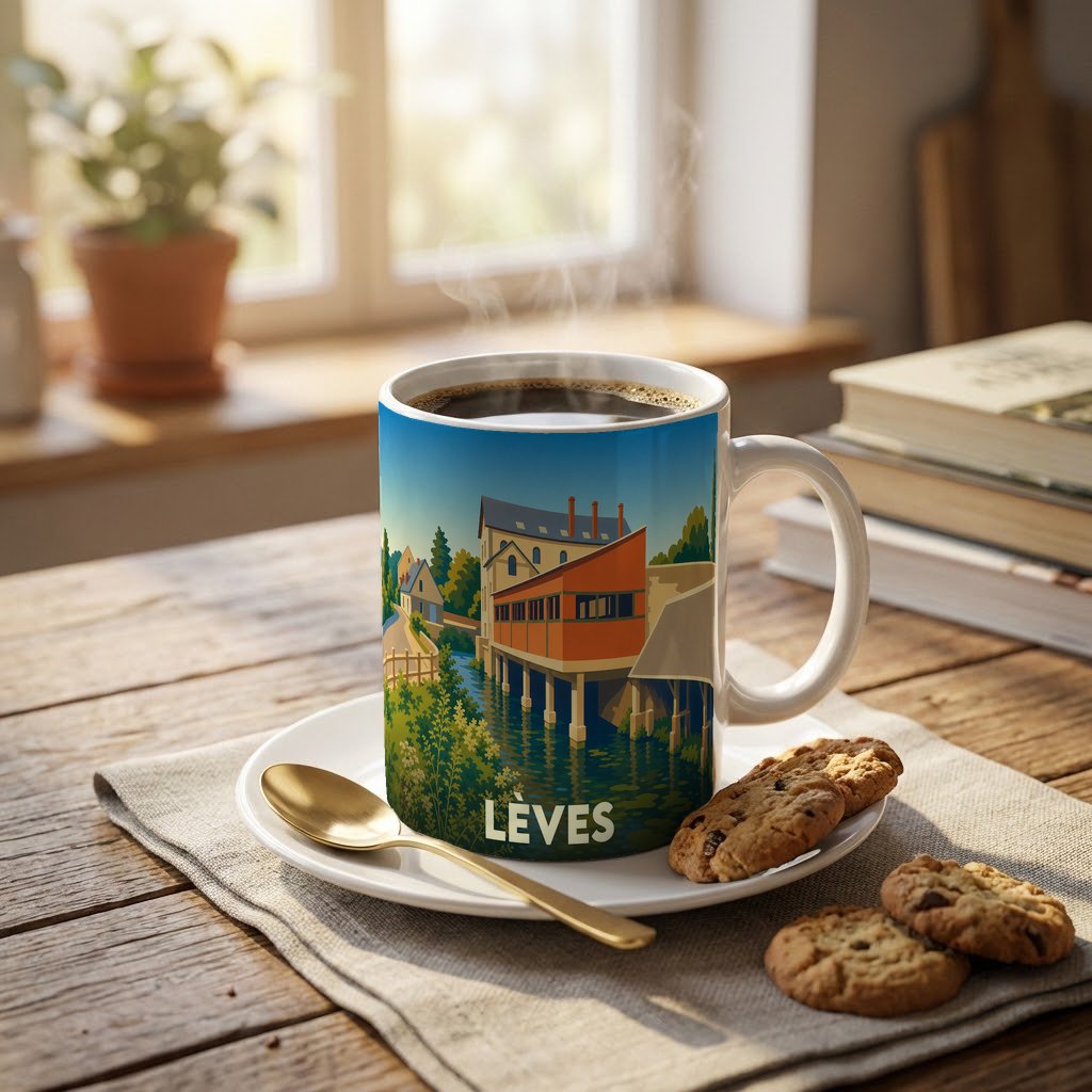 Mug souvenir de la ville de Lèves avec une illustration stylisée de bâtiments au bord de l'eau.
