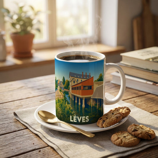 Mug souvenir de la ville de Lèves avec une illustration stylisée de bâtiments au bord de l'eau.