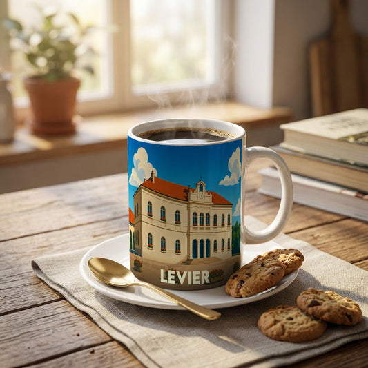 Mug souvenir de la ville de Levier avec une illustration stylisée de son hôtel de ville.