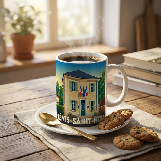 Mug souvenir de la ville de Lévis-Saint-Nom avec une illustration stylisée de la mairie.