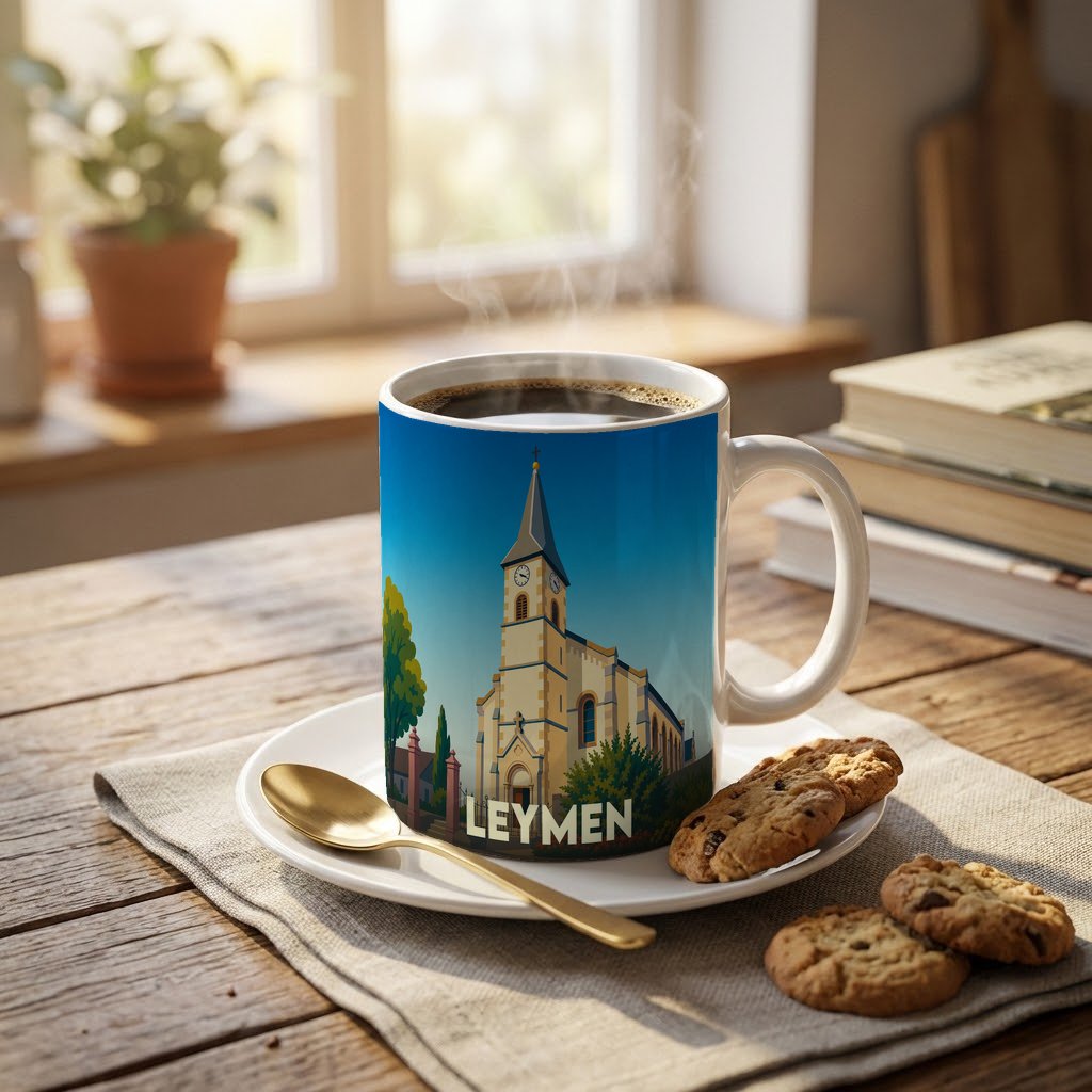Mug souvenir de la ville de Leymen avec une illustration stylisée de son église sous un ciel bleu.