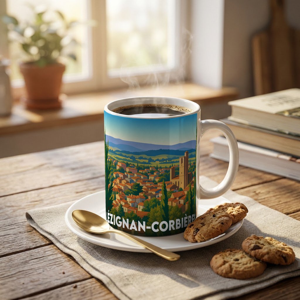 Mug souvenir de la ville de Lézignan-Corbières orné d'une illustration panoramique colorée.