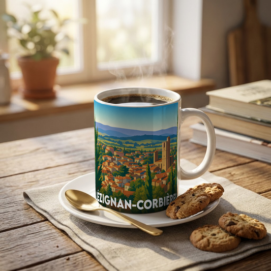 Mug souvenir de la ville de Lézignan-Corbières orné d'une illustration panoramique colorée.