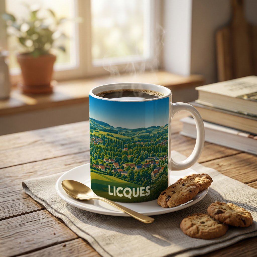 Mug souvenir de la ville de Licques orné d'une illustration paysagère stylisée.