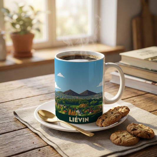 Mug souvenir de la ville de Liévin avec une illustration stylisée de son paysage et de ses terrils.