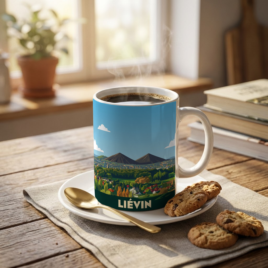 Mug souvenir de la ville de Liévin avec une illustration stylisée de son paysage et de ses terrils.