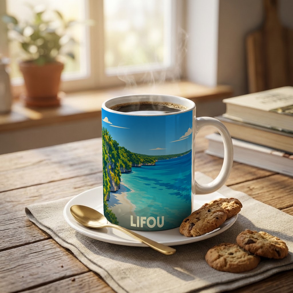 Mug souvenir de Lifou avec une illustration stylisée d'un littoral tropical.