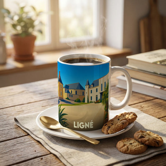 Mug souvenir de la ville de Ligné avec une illustration stylisée et colorée.