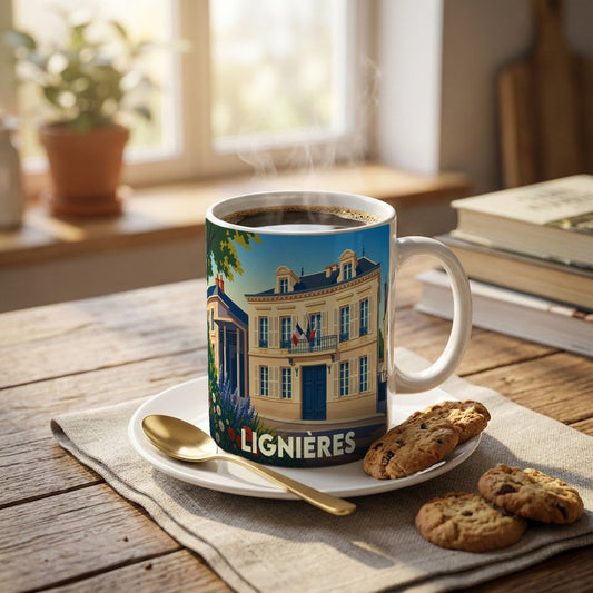Mug souvenir de la ville de Lignières orné d'une illustration stylisée de son hôtel de ville.