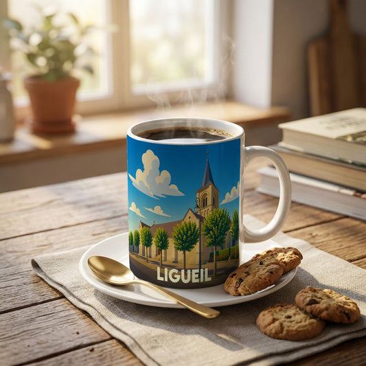Mug souvenir de la ville de Ligueil avec une illustration stylisée représentant une église et des arbres.