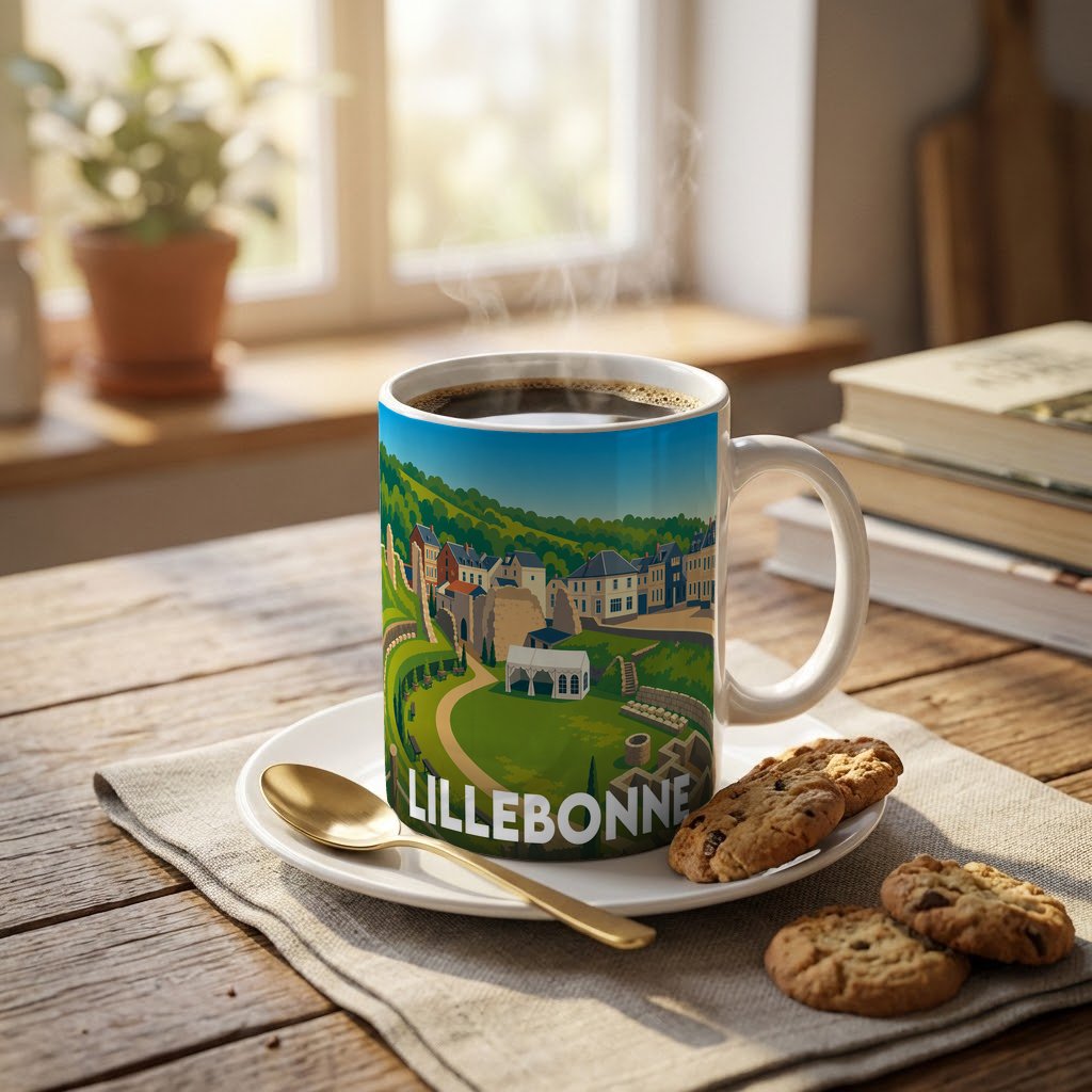 Mug souvenir de la ville de Lillebonne avec une illustration stylisée de ses paysages et monuments.