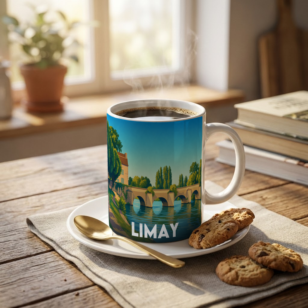 Mug souvenir de la ville de Limay avec une illustration stylisée représentant son pont historique.