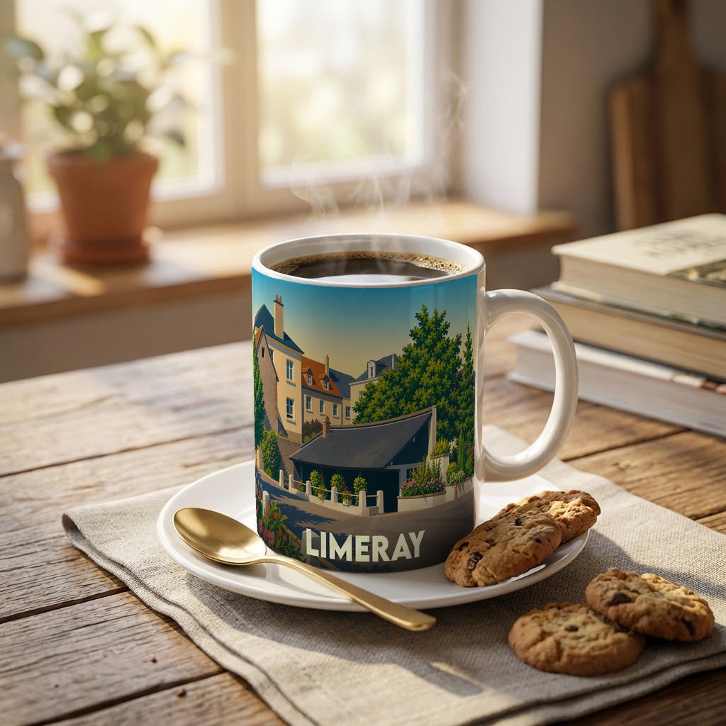 Mug souvenir de la ville de Limeray orné d'une illustration stylisée de ses maisons et paysages.