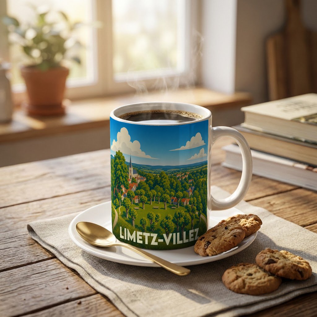Mug souvenir de la ville de Limetz-Villez avec une illustration paysagère stylisée.