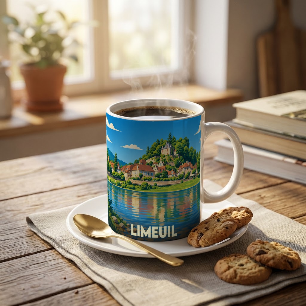 Mug souvenir de la ville de Limeuil orné d'une illustration colorée représentant le village au bord de l'eau.