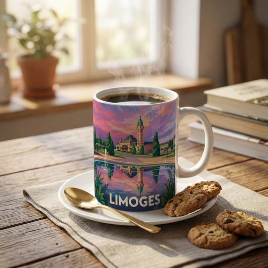Mug souvenir de la ville de Limoges avec une illustration stylisée et colorée.