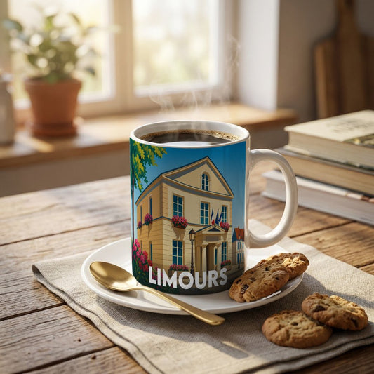 Mug souvenir de la ville de Limours illustré d'un dessin stylisé de sa mairie.