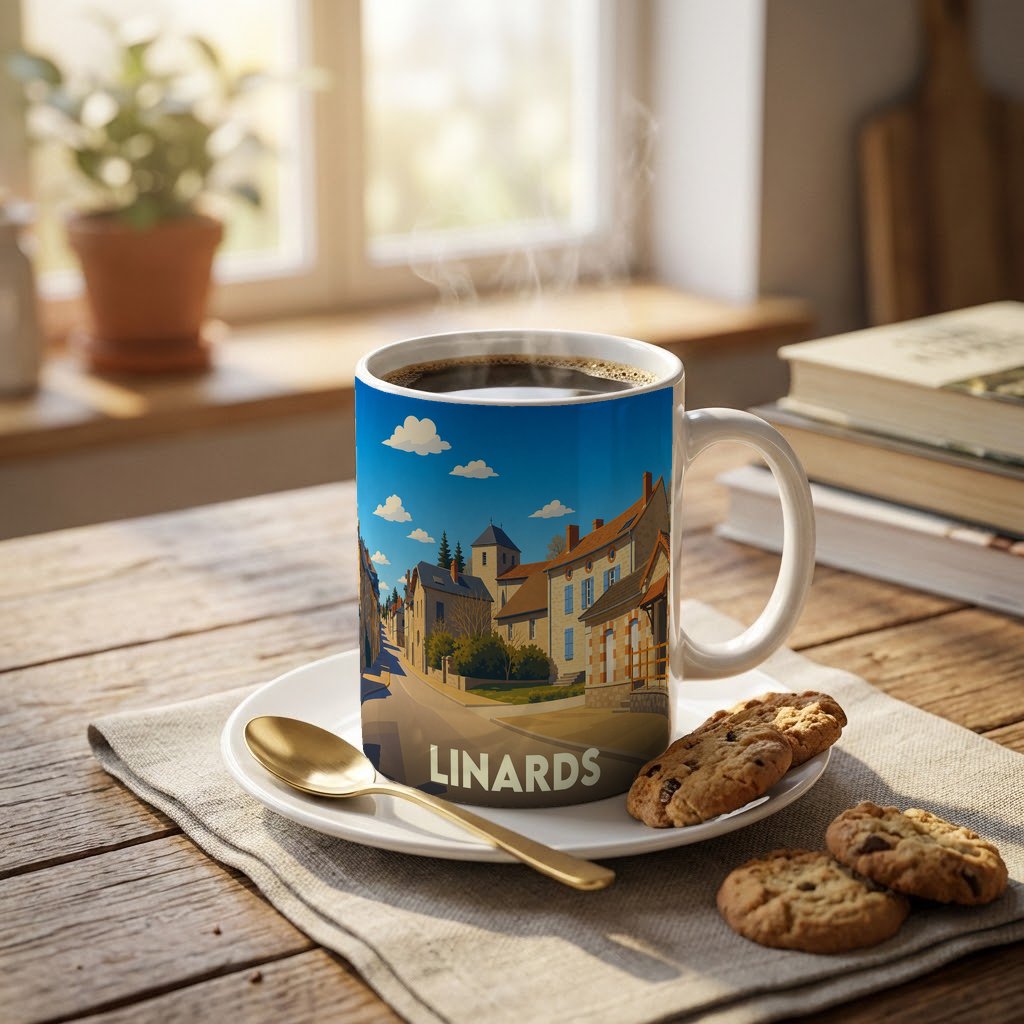 Mug souvenir de la ville de Linards orné d'une illustration stylisée de ses rues et bâtiments.