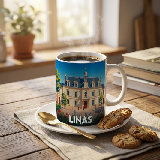 Mug souvenir de la ville de Linas orné d'une illustration stylisée de son hôtel de ville.