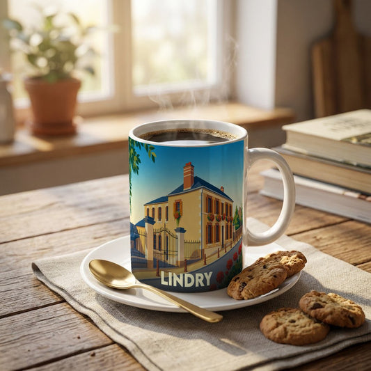 Mug souvenir de la ville de Lindry orné d'une illustration stylisée de sa mairie.