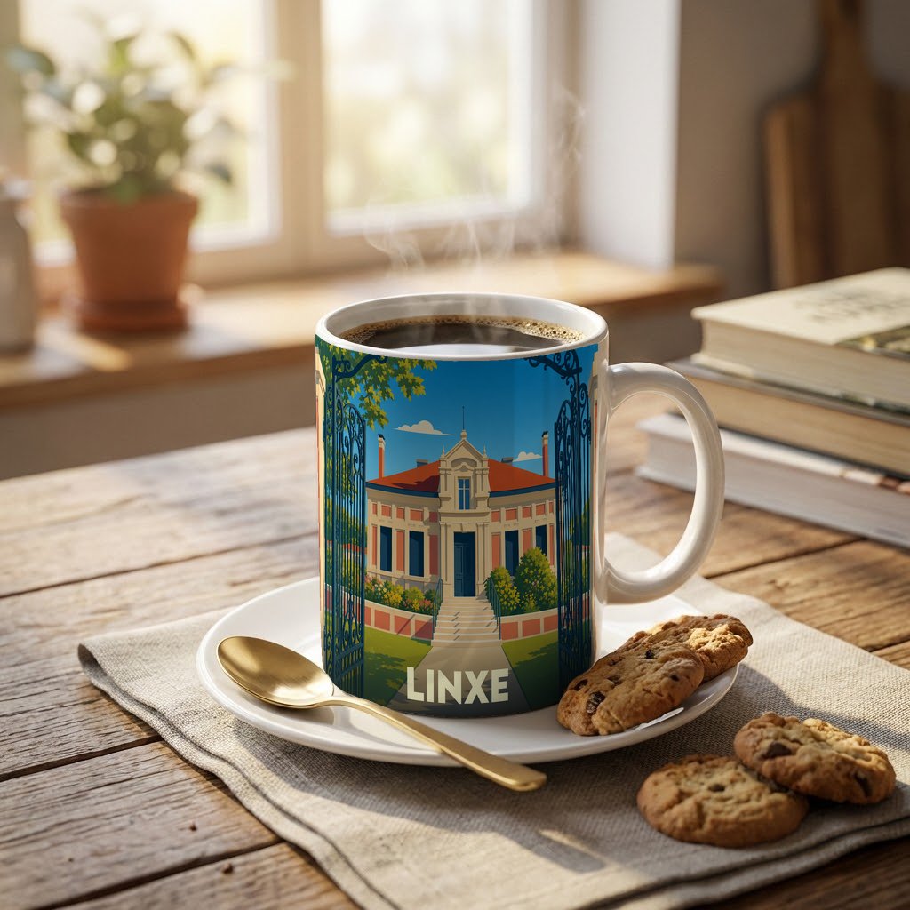 Mug souvenir de la ville de Linxe orné d'une illustration stylisée de sa mairie et de ses grilles.