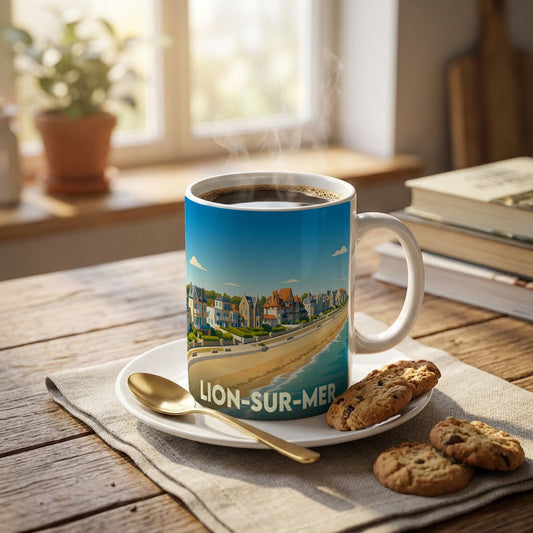 Mug souvenir de la ville de Lion-sur-Mer avec une illustration stylisée du front de mer.