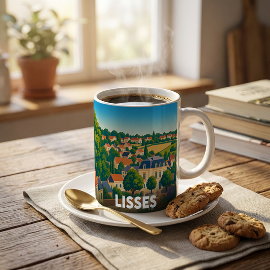 Mug souvenir de la ville de Lisses illustré d'un paysage urbain coloré.