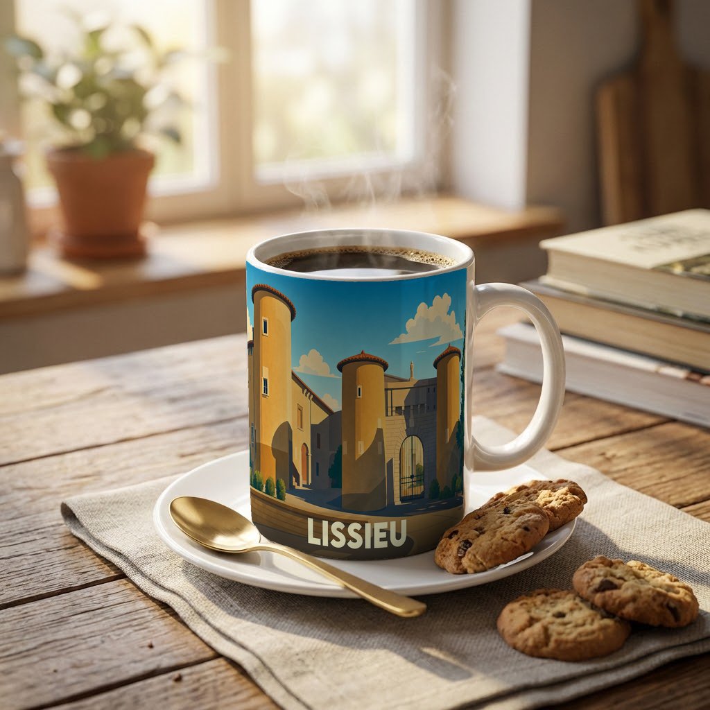 Mug souvenir de la ville de Lissieu avec une illustration stylisée de ses bâtiments historiques.