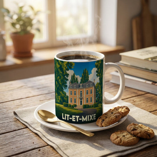 Mug souvenir de la ville de Lit-et-Mixe orné d'une illustration stylisée d'une maison de maître entourée de verdure.