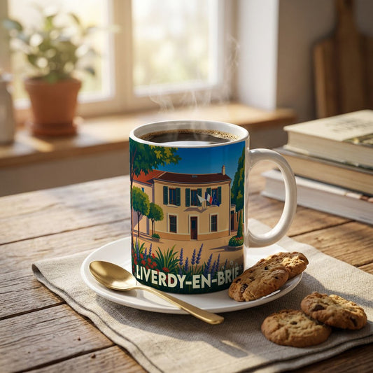 Mug souvenir de la ville de Liverdy-en-Brie orné d'une illustration colorée et stylisée de sa mairie.