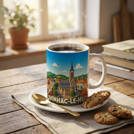 Mug souvenir de la ville de Livinhac-le-Haut orné d'une illustration stylisée de son église et de ses paysages.