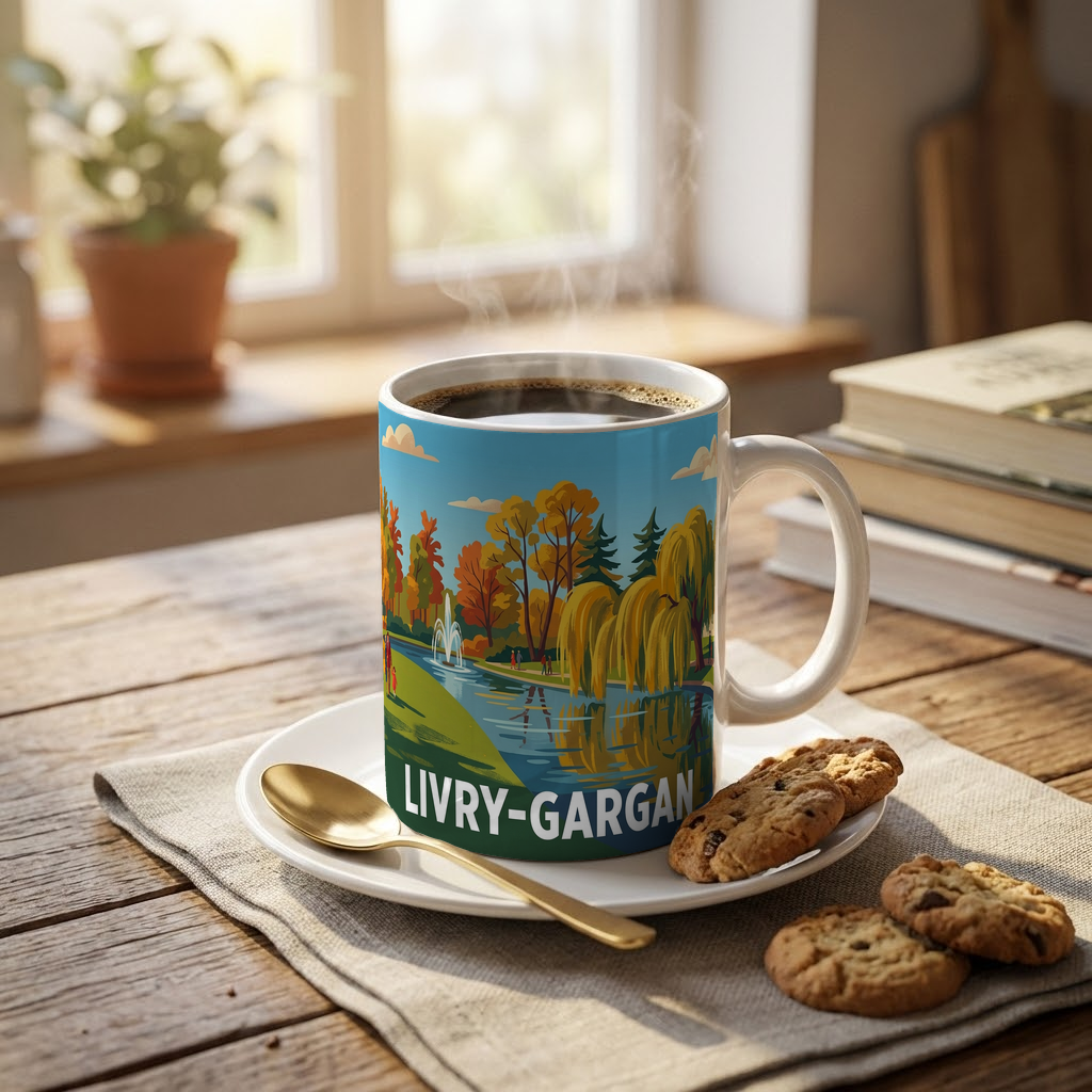 Mug souvenir de la ville de Livry-Gargan avec une illustration stylisée d'un parc au bord de l'eau.