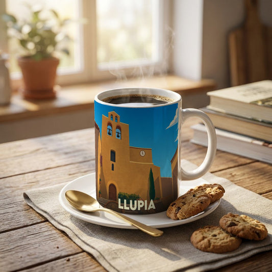 Mug souvenir de la ville de Llupia orné d'une illustration stylisée de son église.
