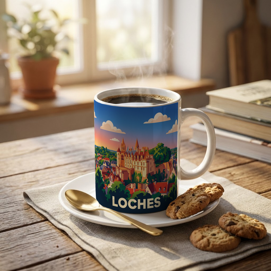Mug souvenir de la ville de Loches avec une illustration stylisée de son château et de son paysage urbain.