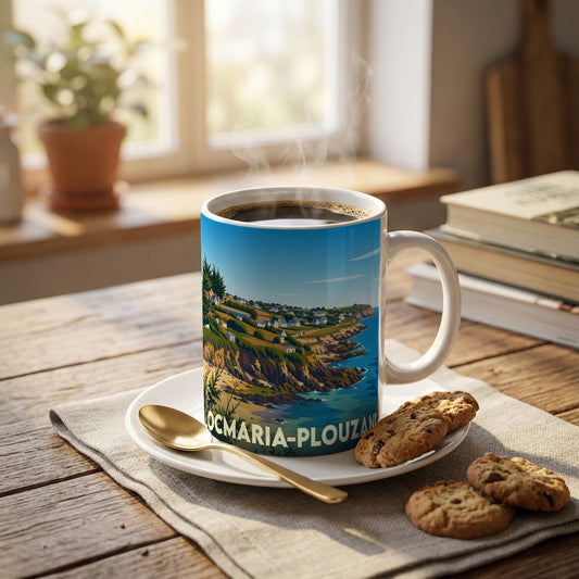Mug souvenir de la ville de Locmaria-Plouzané orné d'une illustration stylisée de son littoral escarpé.