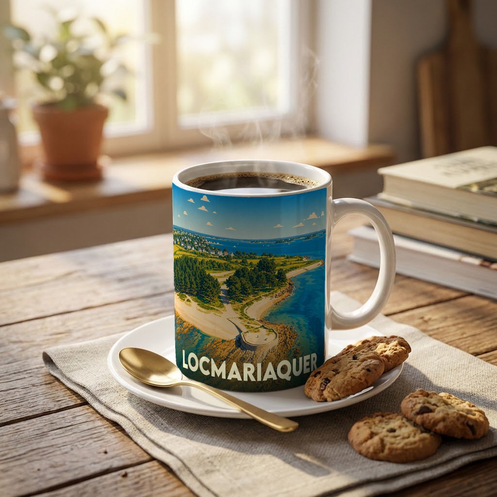 Mug souvenir de la ville de Locmariaquer orné d'une illustration stylisée de son littoral et de sa pointe.