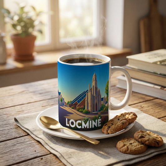 Mug souvenir de la ville de Locminé avec une illustration stylisée de ses monuments.