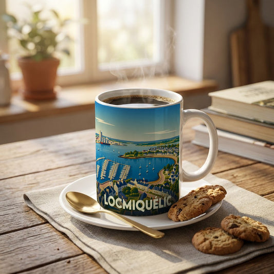 Mug souvenir de la ville de Locmiquélic avec une illustration stylisée de son port et de son littoral.