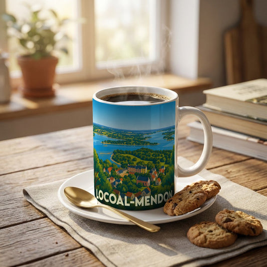 Mug souvenir de la ville de Locoal-Mendon illustré d'un paysage côtier stylisé.