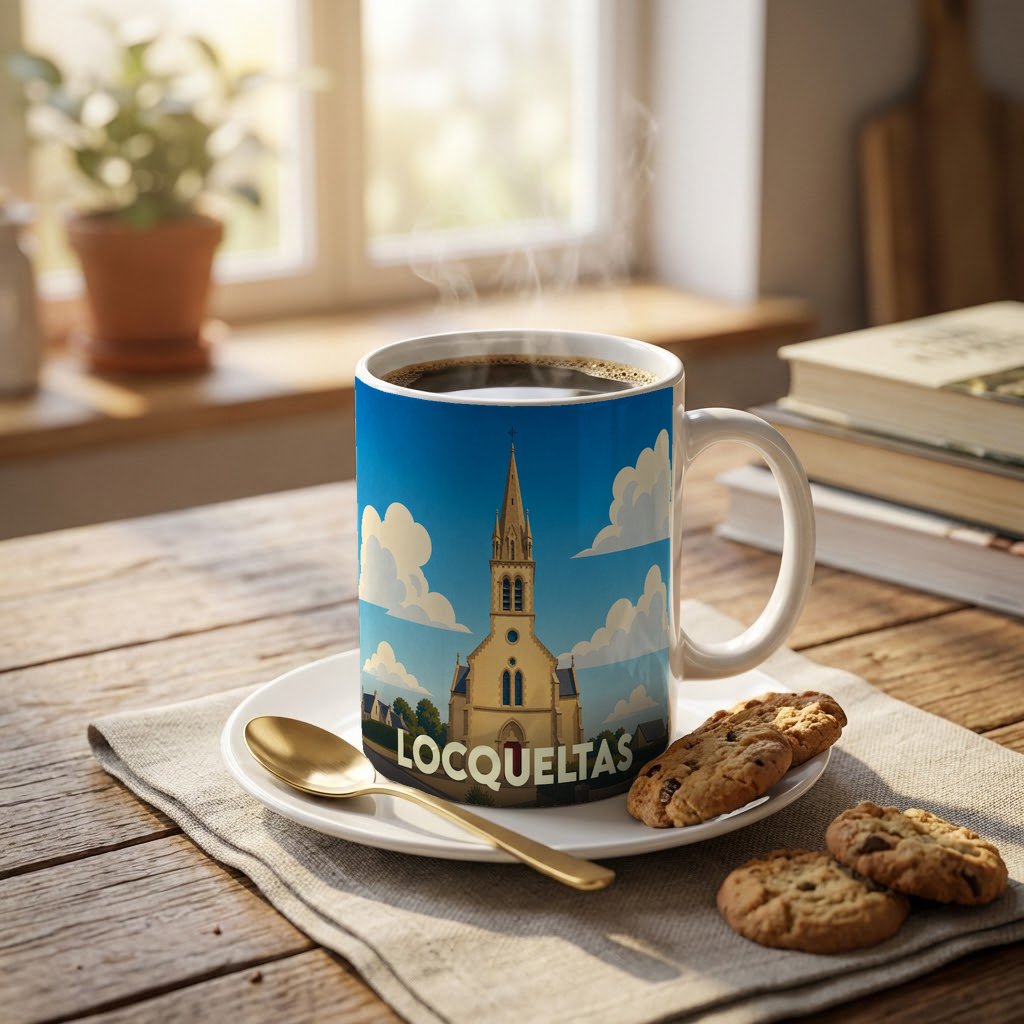 Mug souvenir de la ville de Locqueltas orné d'une illustration stylisée de son église sous un ciel azur.
