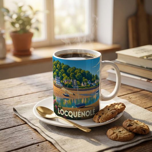 Mug souvenir de la ville de Locquénolé orné d'une illustration stylisée de son port et de sa côte.