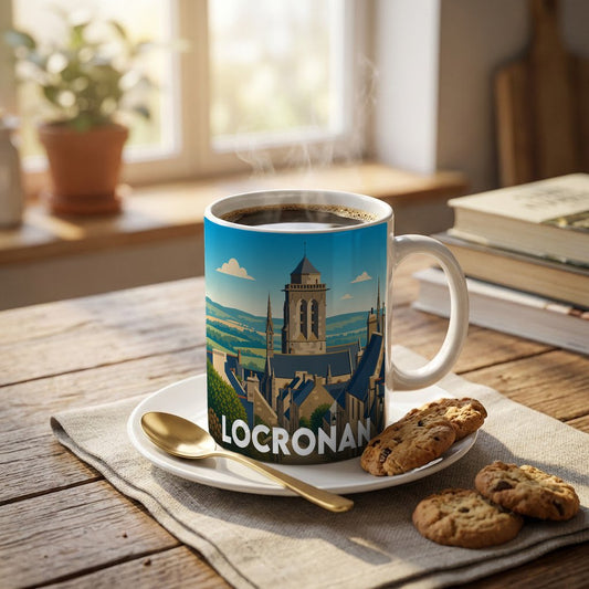 Mug souvenir de la ville de Locronan avec une illustration stylisée montrant son église emblématique.