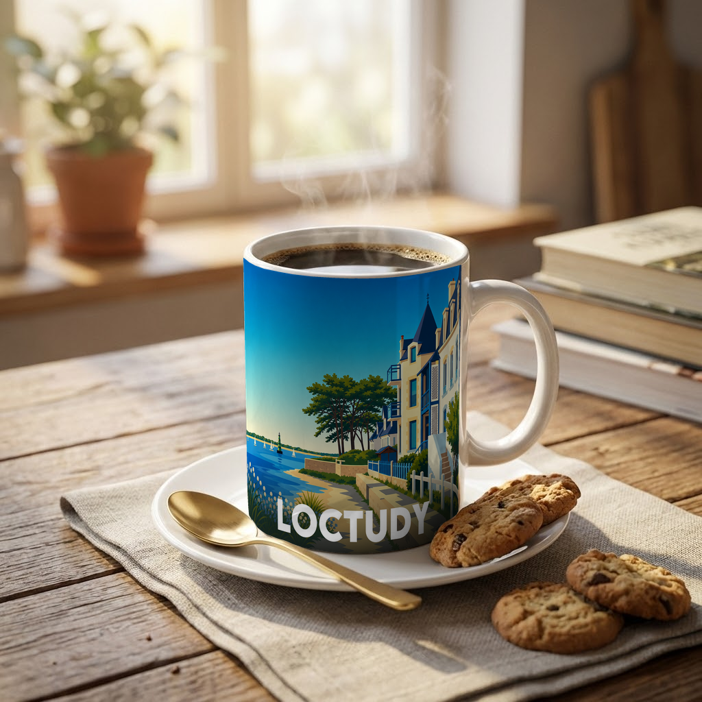 Mug souvenir de la ville de Loctudy avec une illustration stylisée.